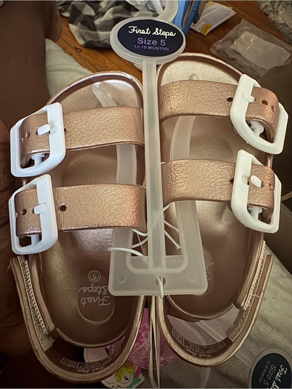 First Steps Rose Gold Toddler Sandals with White Buckles - Size 5